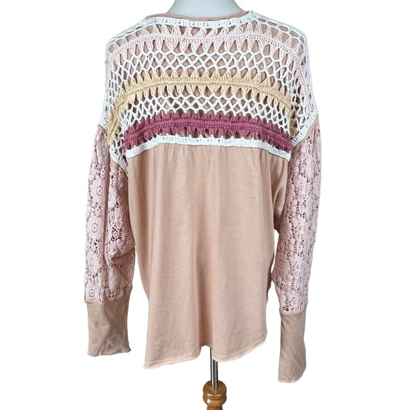 Free People High Hopes Cotton Crocheted-Yoke Lace-Sleeved Top Size Large - Picture 5 of 11